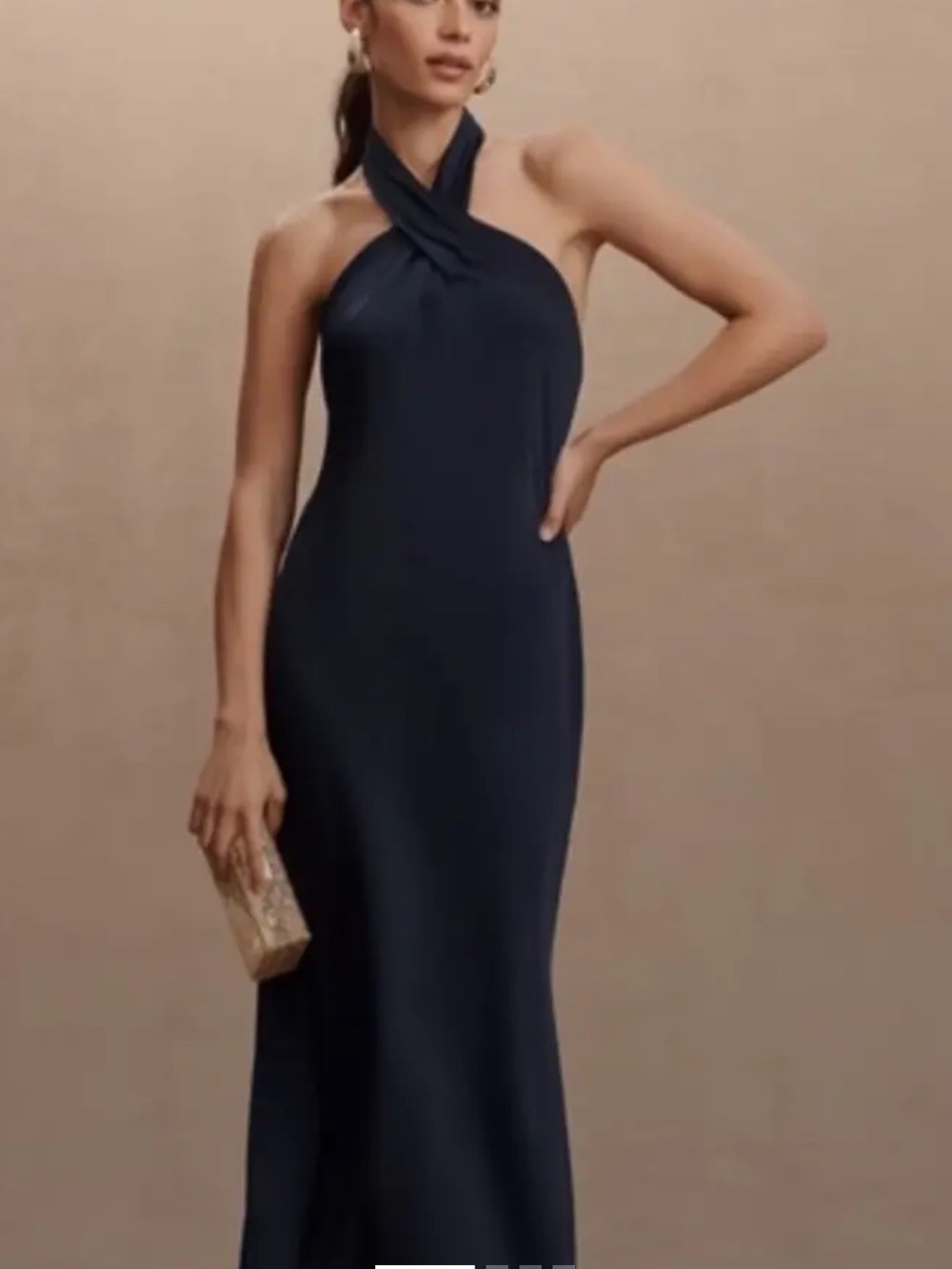 BHLDN Navy Twist Halter Gown Dress Womens XXS Blue Satin Maxi